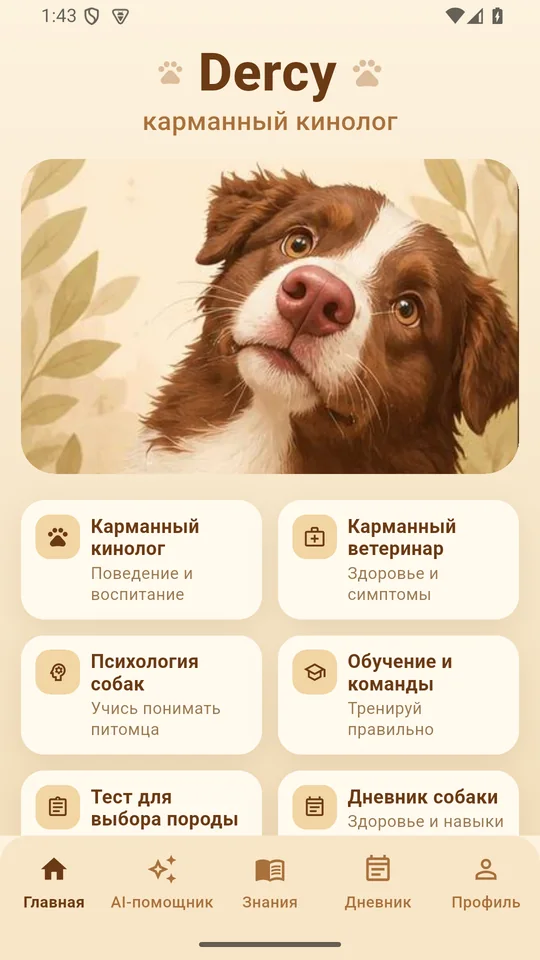 Dercy 1.3.0 home screen: pocket trainer, pocket vet, psychology, commands