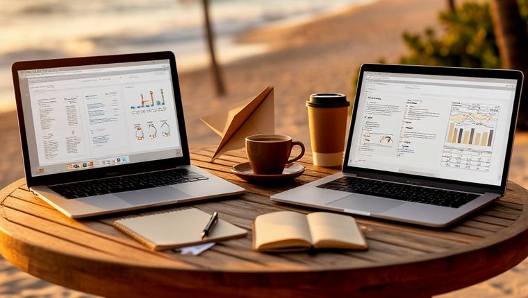 An autonomous AI-run organisation: three laptops with task lists on a table on a seaside terrace