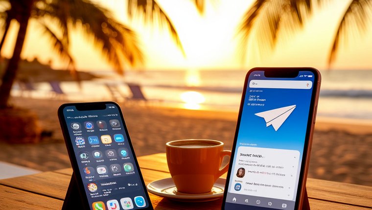 Mini App или бот: два смартфона — чат с кнопками и витрина приложения — на столе на закате
