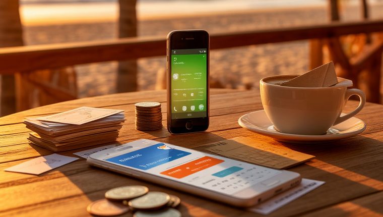 Сколько стоит Telegram Mini App: смартфон с приложением-витриной, калькулятор и монеты на столе