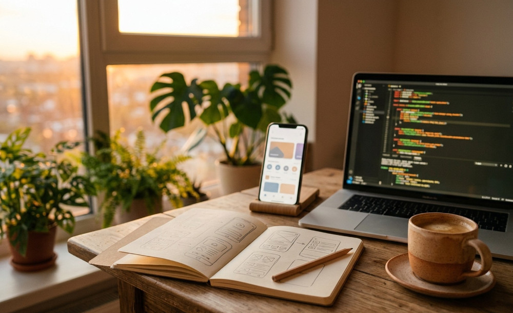 A Telegram mini app built with AI: a smartphone with the app, a laptop with code and a notebook on a desk by the window