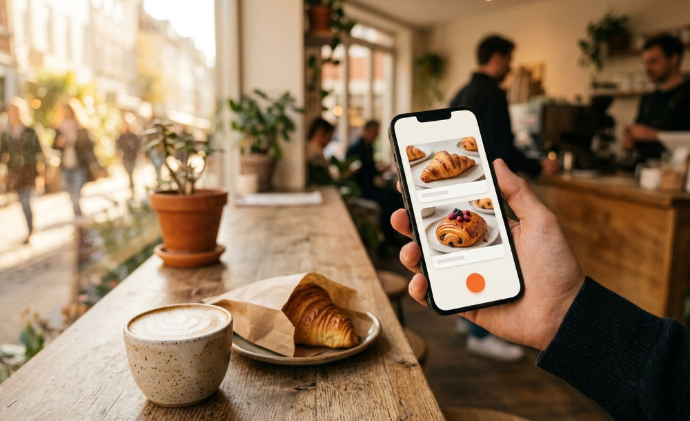 A mini app instead of a website: a smartphone with a bakery catalogue in a hand in a café