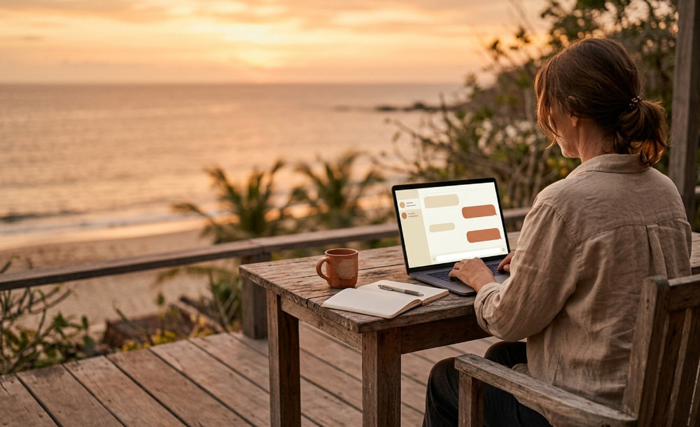 AI operator: a specialist working on a laptop on a seaside terrace at sunset
