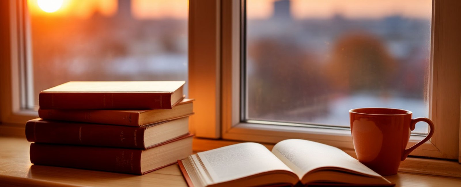 Блог о разработке сайтов и приложений: книги и кружка у окна с видом на вечерний город