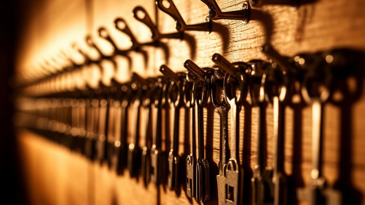 AI assistant for your specific profession: a row of keys on hooks in warm light