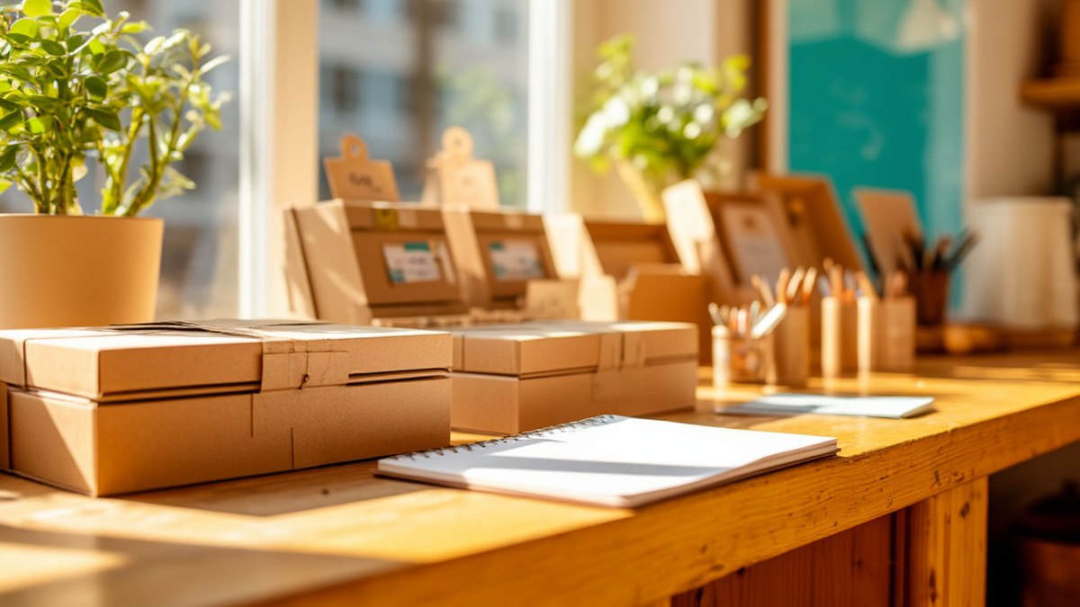 Custom SEO copywriting and sales texts: kraft boxes, notebooks and pencils on a counter
