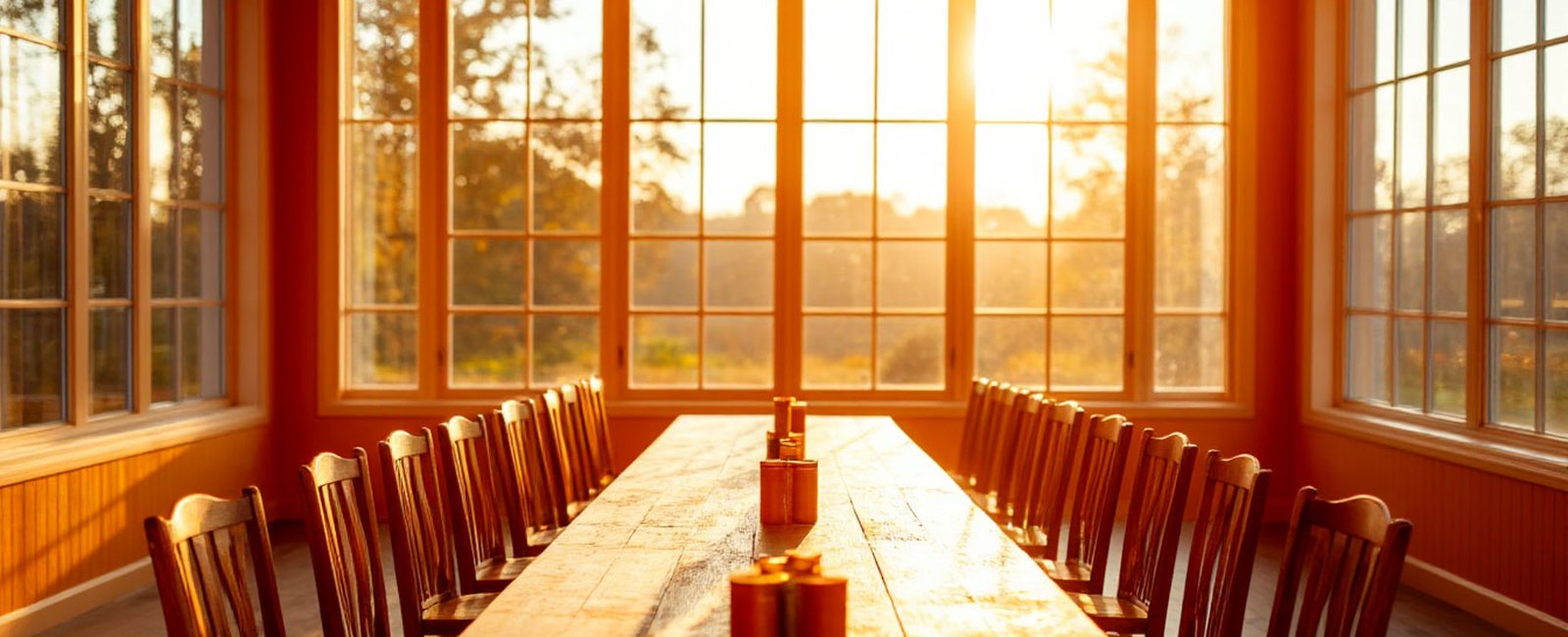 AI-based autonomous organization: a long meeting-room table in sunset light