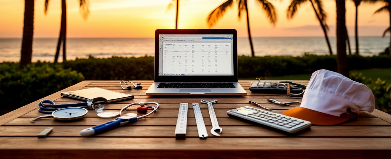 AI assistant for your profession: a laptop on a seaside table with attributes of different professions — stethoscope, ruler, wrench, calculator, chef's hat