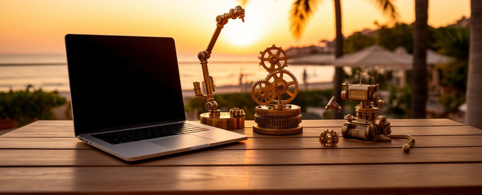 Automation and data parsing: brass gears, a robot arm and a laptop on a seaside table