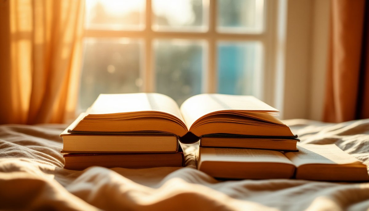 Электронные книги об ИИ для бизнеса: раскрытая книга на кровати у окна в утреннем свете