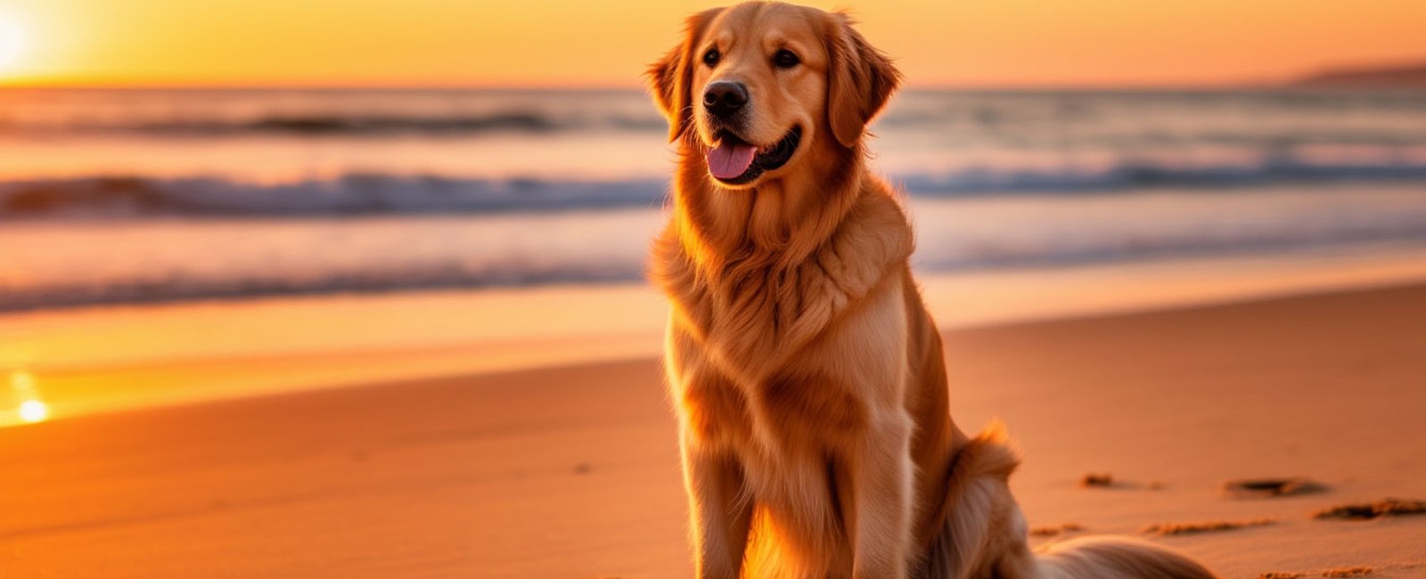Dercy dog app: a golden retriever on a beach at sunset