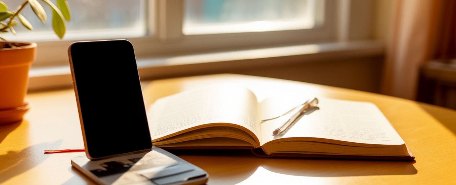 Claude AI course: a smartphone and an open notebook on a desk by a window