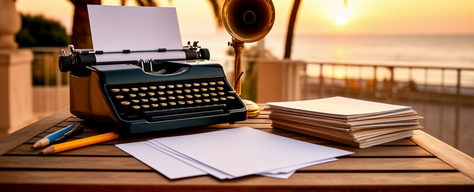 Internet marketing and business copywriting: a typewriter with a blank sheet and a brass megaphone on a seaside table