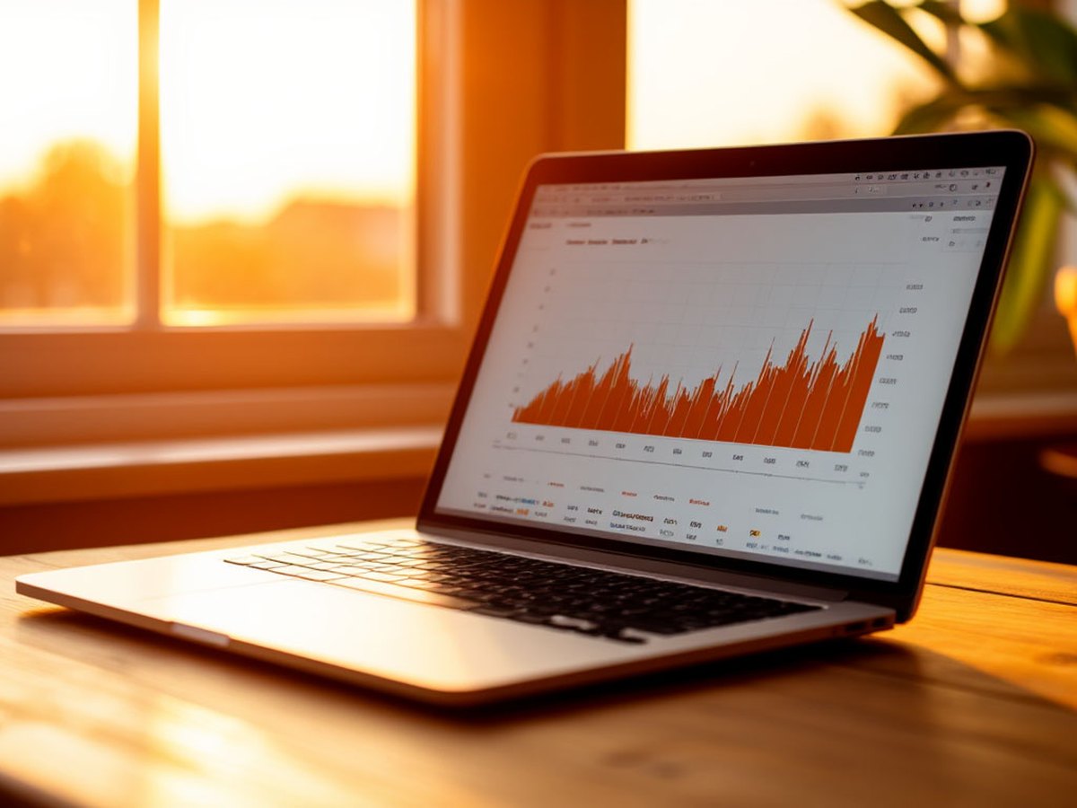 Python data parsing: a laptop with a chart on a desk by a window at sunset